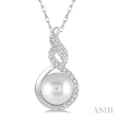 7 MM Round Shape Cultured Pearl and 1/20 ctw Round Cut Diamond Twisted Accented Pendant in 10K White Gold with chain